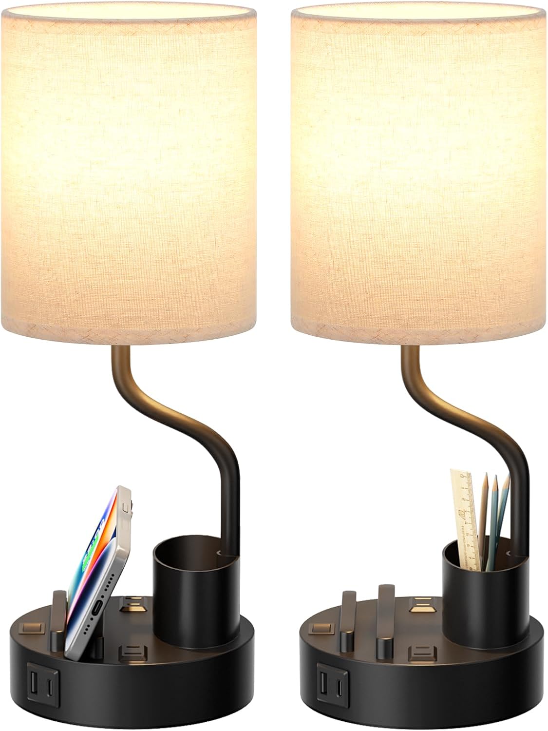 Set of 2 Bedside Table Lamps with USB & AC Outlet - 3 Color Temperatures, Desk Light & Phone Stand for Bedroom, Living Room, Office