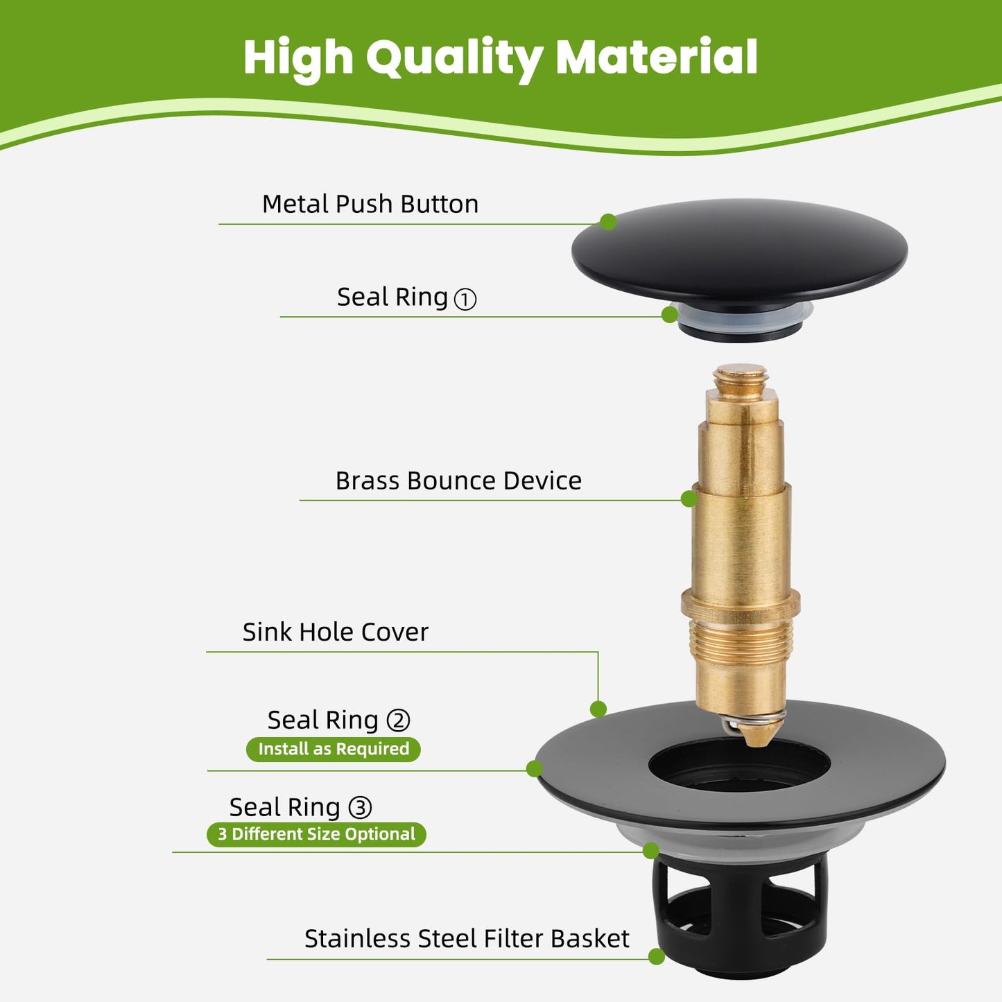 Universal Bathroom Sink Stopper 2 in 1 Pop Up Metal Sink Drain Strainer with Hair Catcher, Fit for 1.1~2.36" Sink Basin Hole, Not for Bathtub, Big Cover Cap, Anti-clog, Matte Black