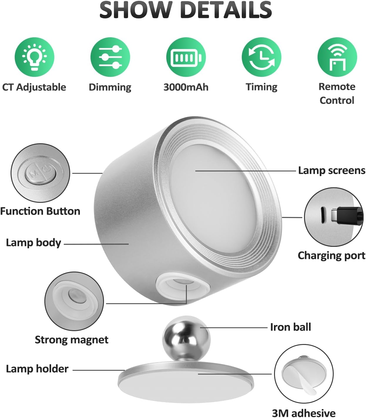 Rechargeable LED Wall Mounted Lights - 3 Pack with Remote, Dimmable & 360° Rotation for Bedroom