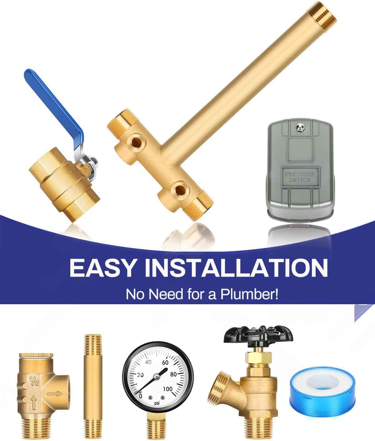 Well Pressure Tank Tee Kit with Union & 40-60 PSI Switch - Upgraded 1” x 11” for Tanks Up to 16” Diameter