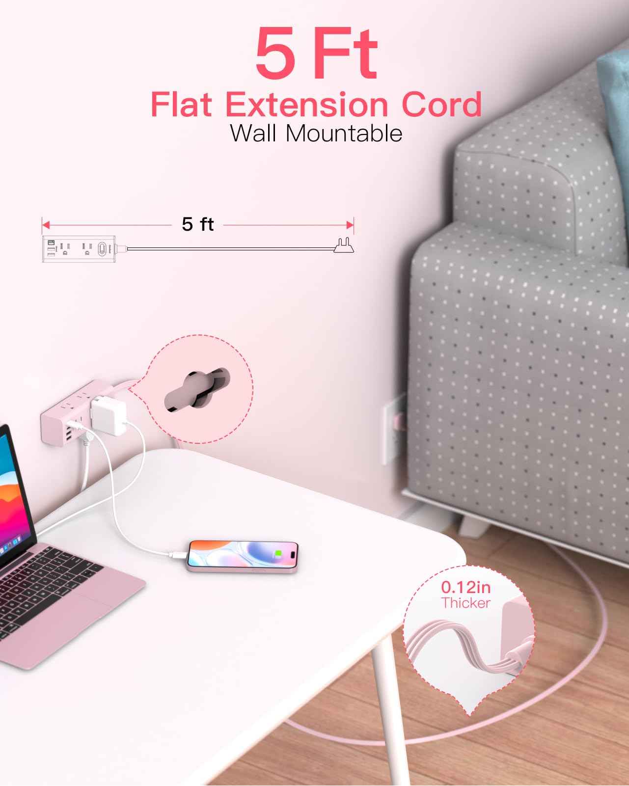 5Ft Extension Cord with Multiple Outlets, Flat Plug Power Strip Surge Protector with 5 Ft Long Cord, 6 Outlet 3 USB Ports (1 USB C), Multi Outlet Wall Plug for Travel, Dorm Room Essentials-Pink