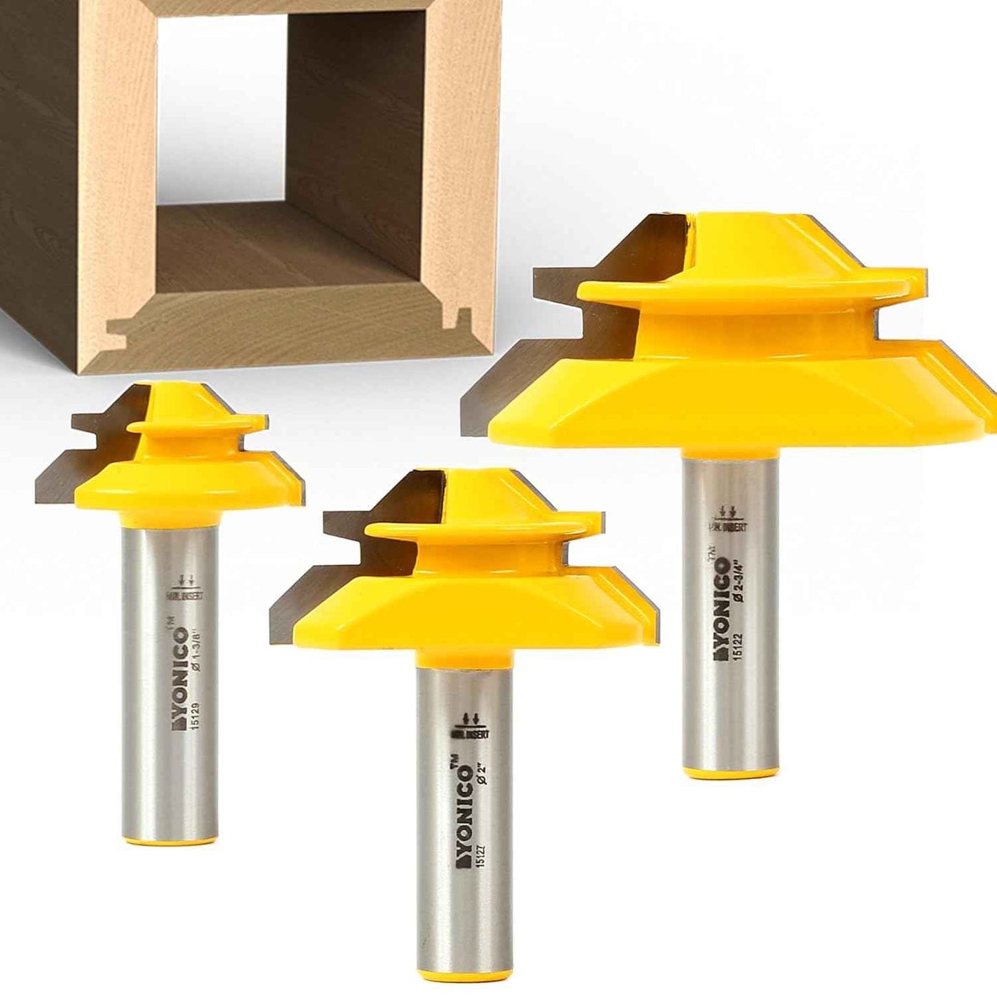 YONICO 45° Lock Miter Router Bit Set – 3 Bits, 1/2-Inch Shank for Precision Joinery