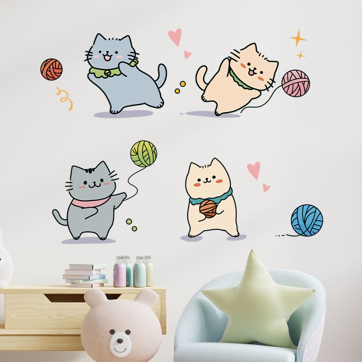 RoyoLam Cartoon Cute Cat Wall Stickers for Nursery Kitten Playing with Yarn Ball Wall Stickers for Kid Girl Baby Room Stickers Peel and Stick Wall Art Home Decor Living Room Bedroom Bathroom