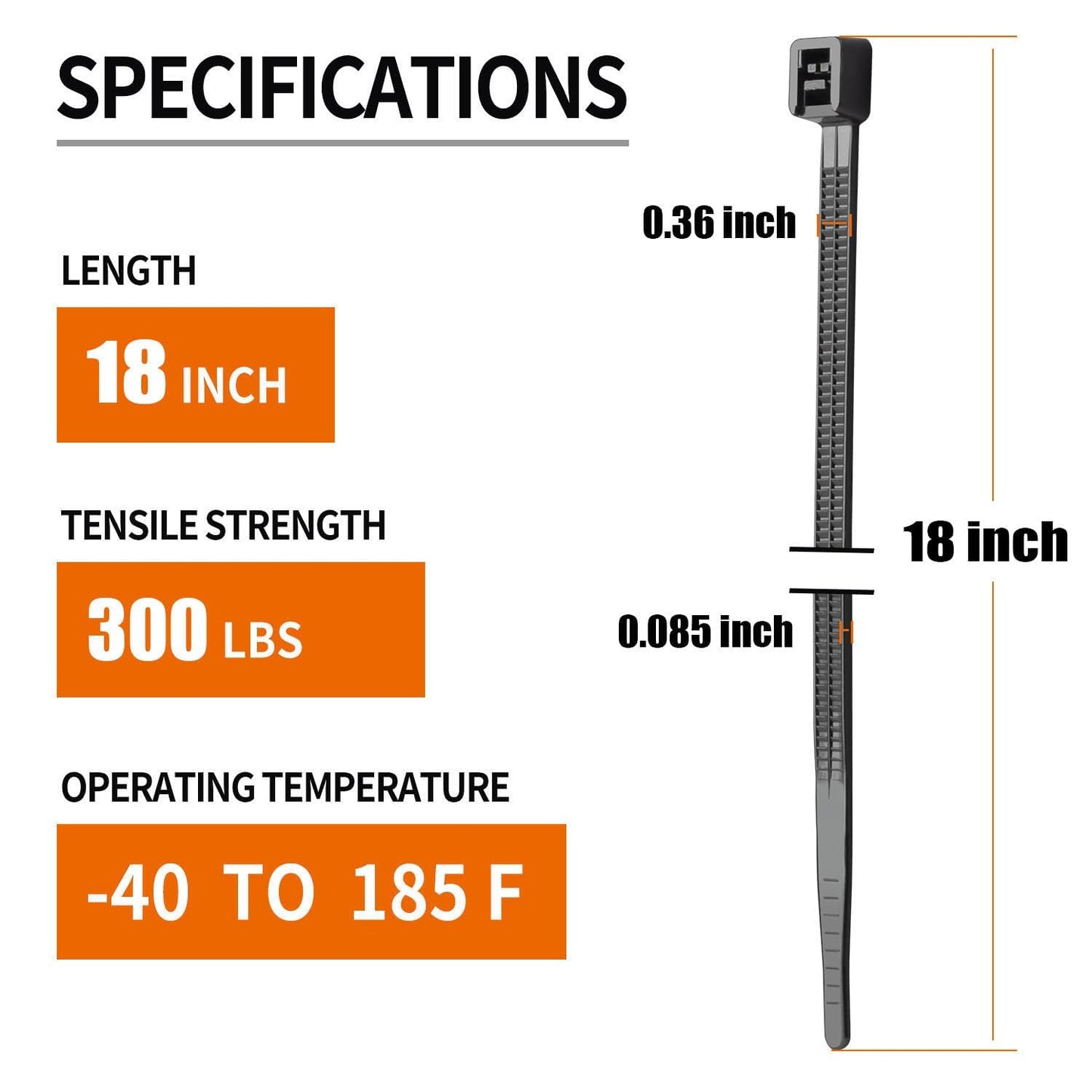 Eletoo 18 inch Black Long Zip Ties Heavy Duty (600 Pack), 2024 New Patented Design, 300 LBS Ultra Strong Tensile Strength, Self-Locking Nylon PA66 UV Resistant Cable Ties for Indoor and Outdoor Use