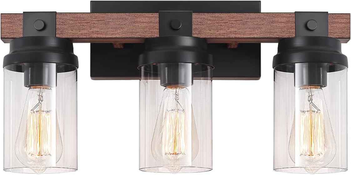 Farmhouse 2-Light Vanity Lights for Bathroom - Rustic Black Wood & Glass Sconces