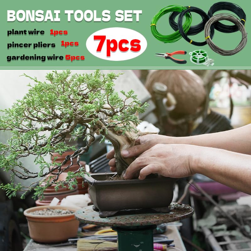 Bonsai Wire 7pcs-5 Rolls of Aluminum Bonsai Training Wire, Cutting Pliers and Plant Ties with Cutter 50 Meter Bonsai Tool Set, Adjustable Anodized Wire 1/1.5/2.0 mm for Bonsai Tree Training DIY Tools