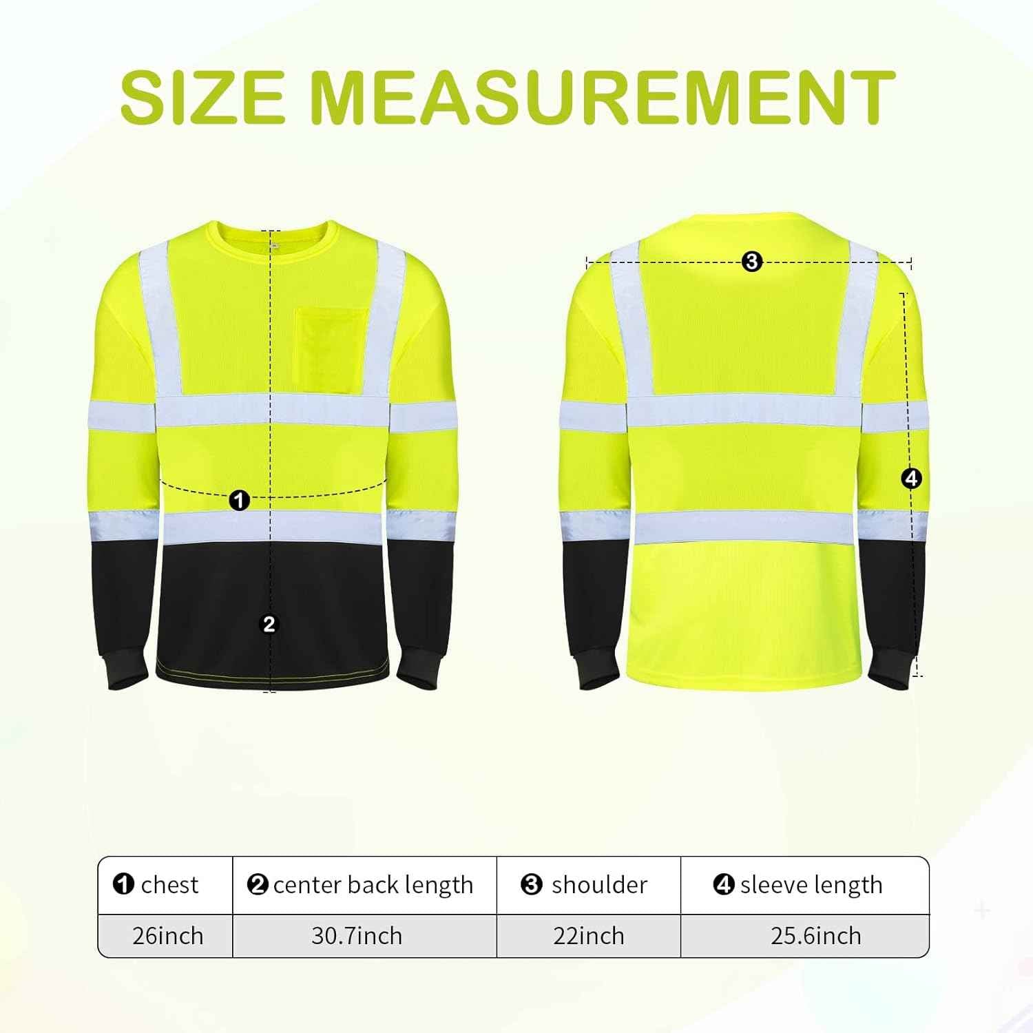 High Visibility Long Sleeve Safety Shirts - 6 Pack Class 3 Reflective Wicking Shirts with Pocket (Yellow)