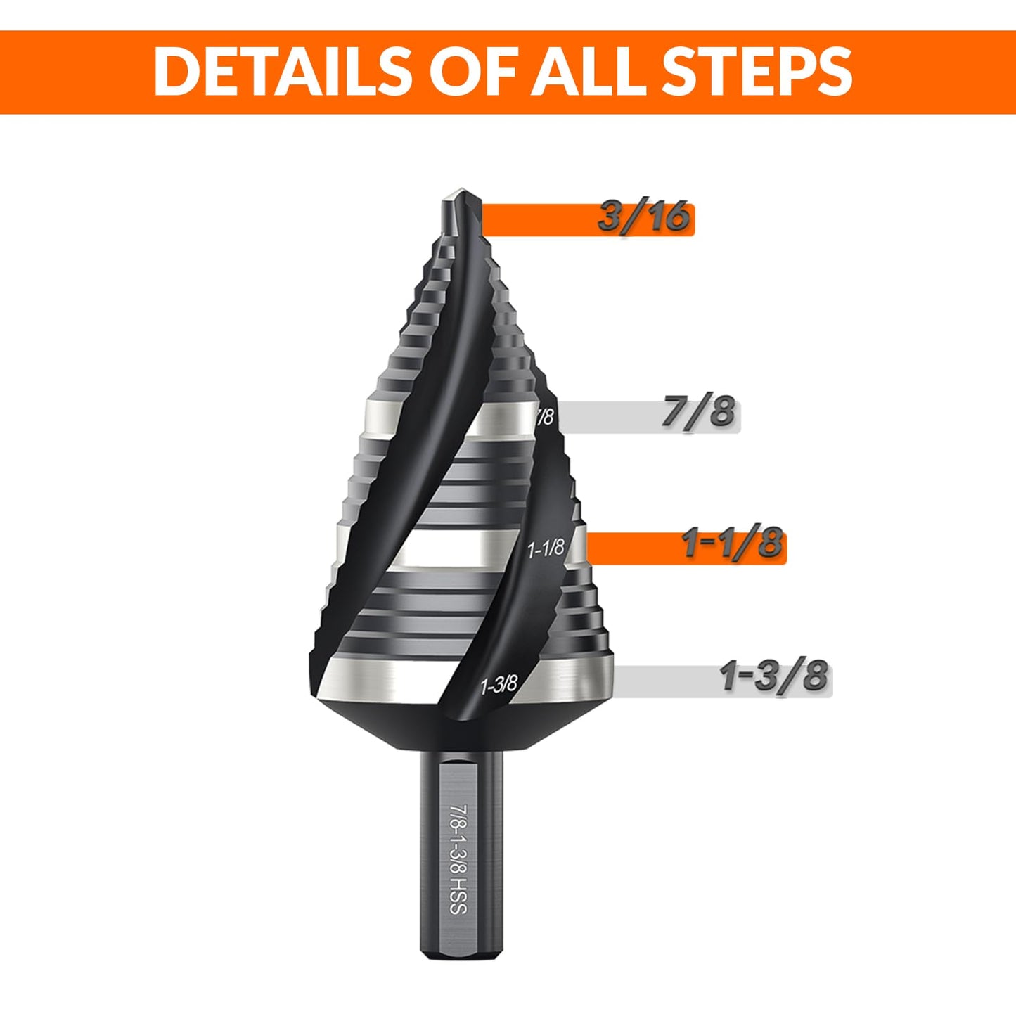 THINKWORK Four Spiral Flute Step Drill Bit, HSS Step Drill Bit3/16-1-3/8 (3 Popular Sizes) Unibit Step Drill Bit, 1/4" Shank Step Bits for Aluminum, Wood, Plastic, Metal