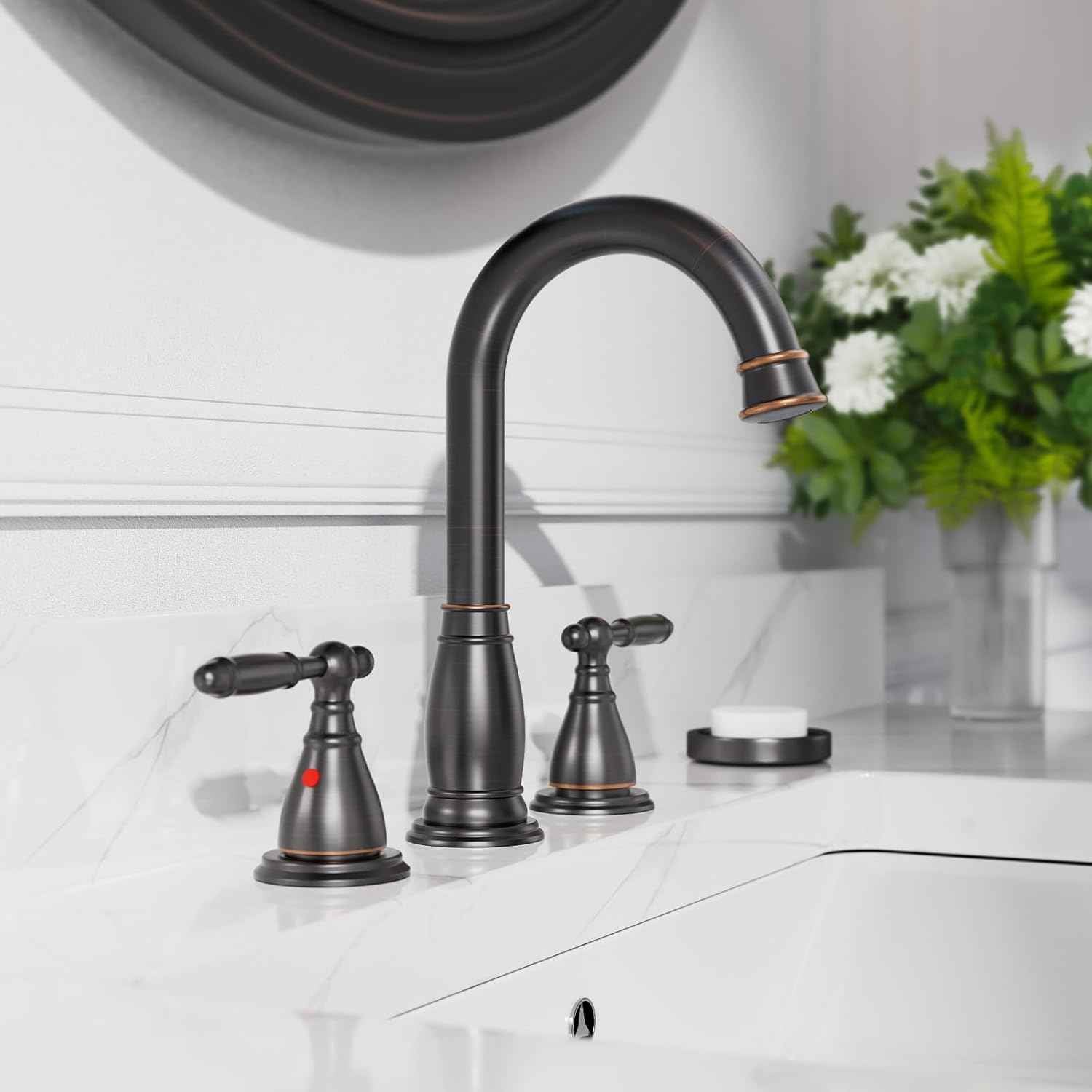 Oil Rubbed Bronze Widespread Bathroom Faucet Set with Valve & Drain - Phiestina WF017-4-ORB