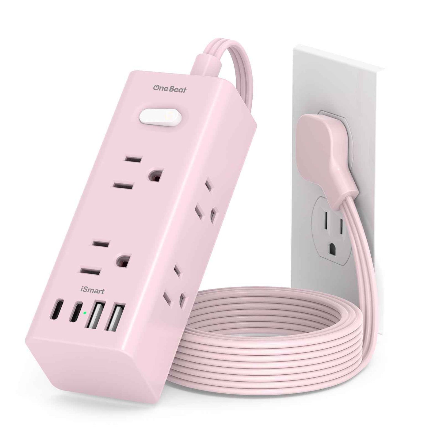 5Ft Extension Cord with Multiple Outlets, Flat Plug Power Strip Surge Protector with 5 Ft Long Cord, 6 Outlet 3 USB Ports (1 USB C), Multi Outlet Wall Plug for Travel, Dorm Room Essentials-Pink