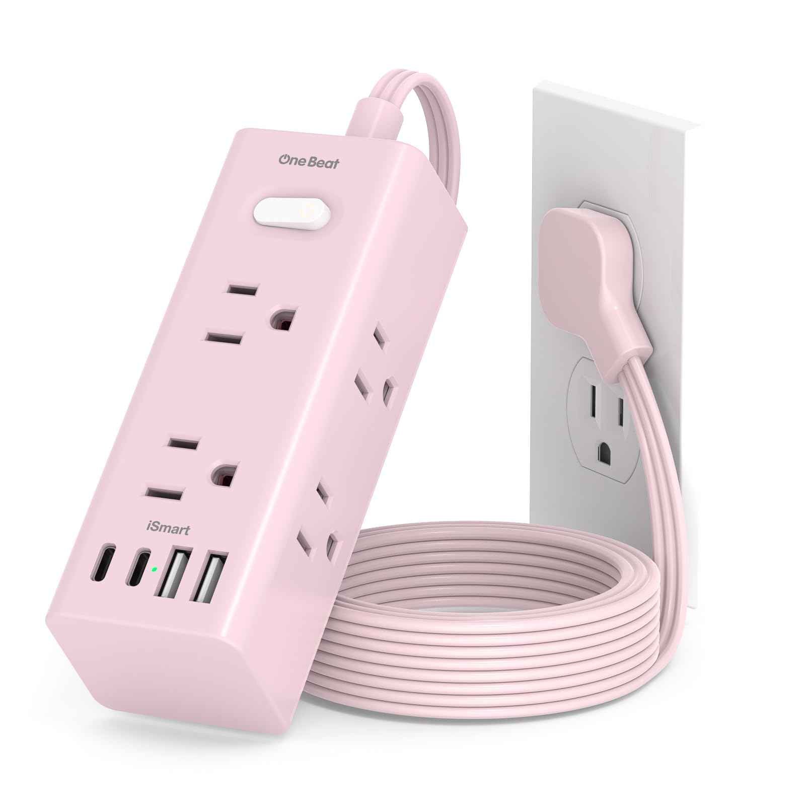 5Ft Extension Cord with Multiple Outlets, Flat Plug Power Strip Surge Protector with 5 Ft Long Cord, 6 Outlet 3 USB Ports (1 USB C), Multi Outlet Wall Plug for Travel, Dorm Room Essentials-Pink