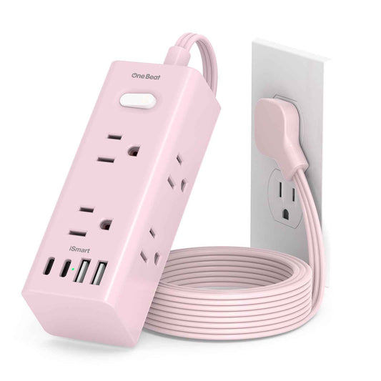 5Ft Extension Cord with Multiple Outlets, Flat Plug Power Strip Surge Protector with 5 Ft Long Cord, 6 Outlet 3 USB Ports (1 USB C), Multi Outlet Wall Plug for Travel, Dorm Room Essentials-Pink
