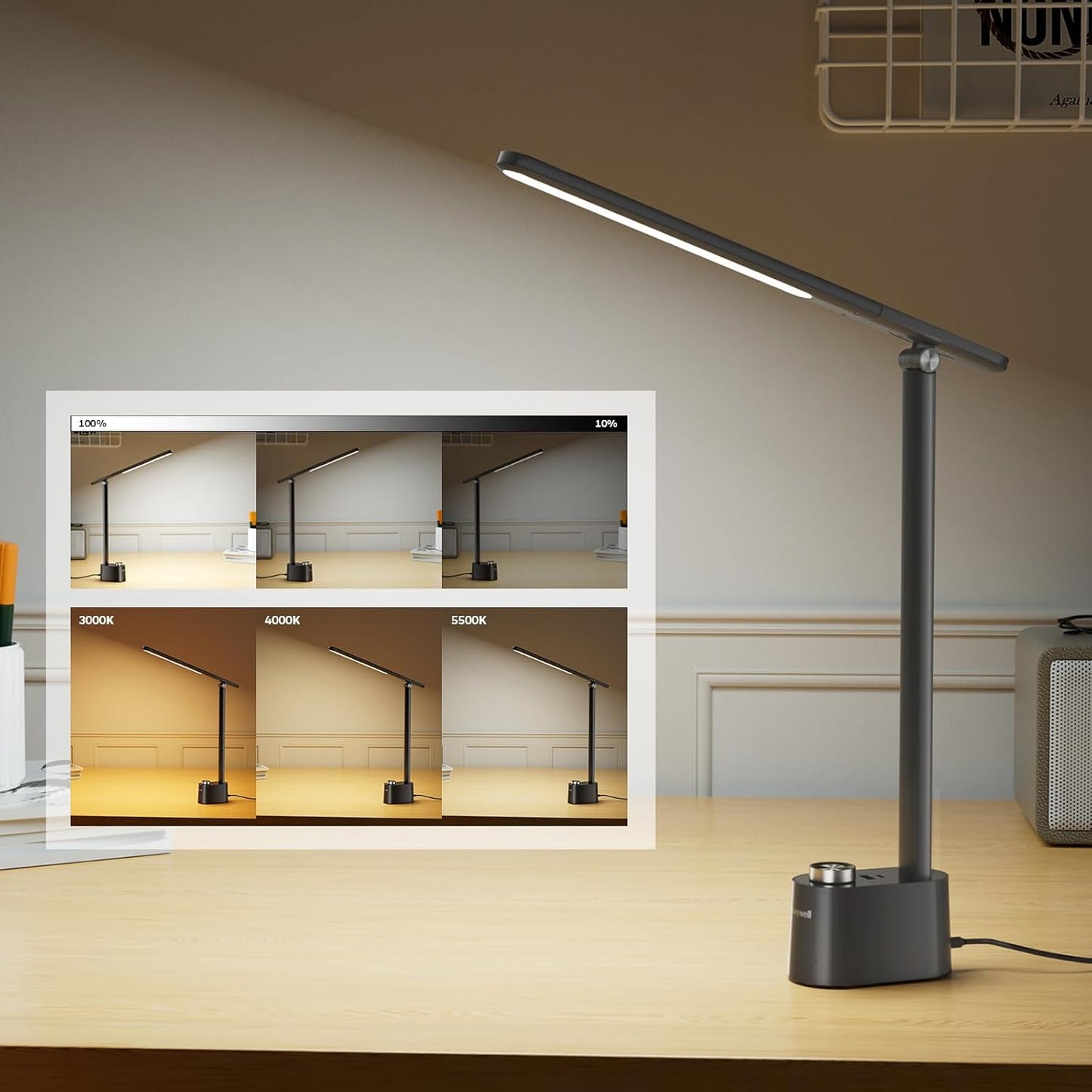 Honeywell H01 Pro LED Desk Lamp - Dimmable Foldable Light with USB Charging & 3 Color Modes for Home Office