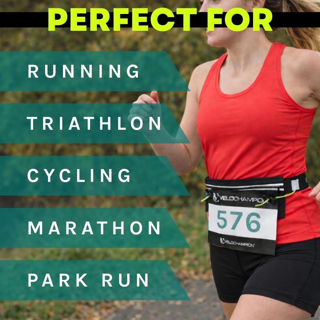 VeloChampion Reflective Running Number Belt Waist Pack + Storage Pouch Pocket. Elastic Adjustable Fit with Clip Fastening. Perfect for Fun Run, 5k, 10k, Marathon, Triathlon, Cycling