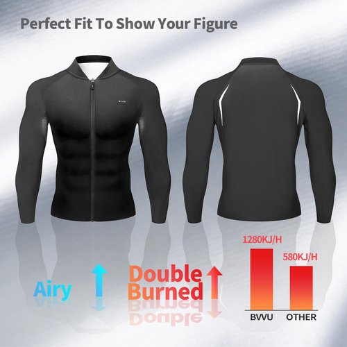 BVVU Sauna Suit for Men Sweat Sauna Jackets Workout Shirt Body Shaper Fitness Shapewear Long Sleeve Black