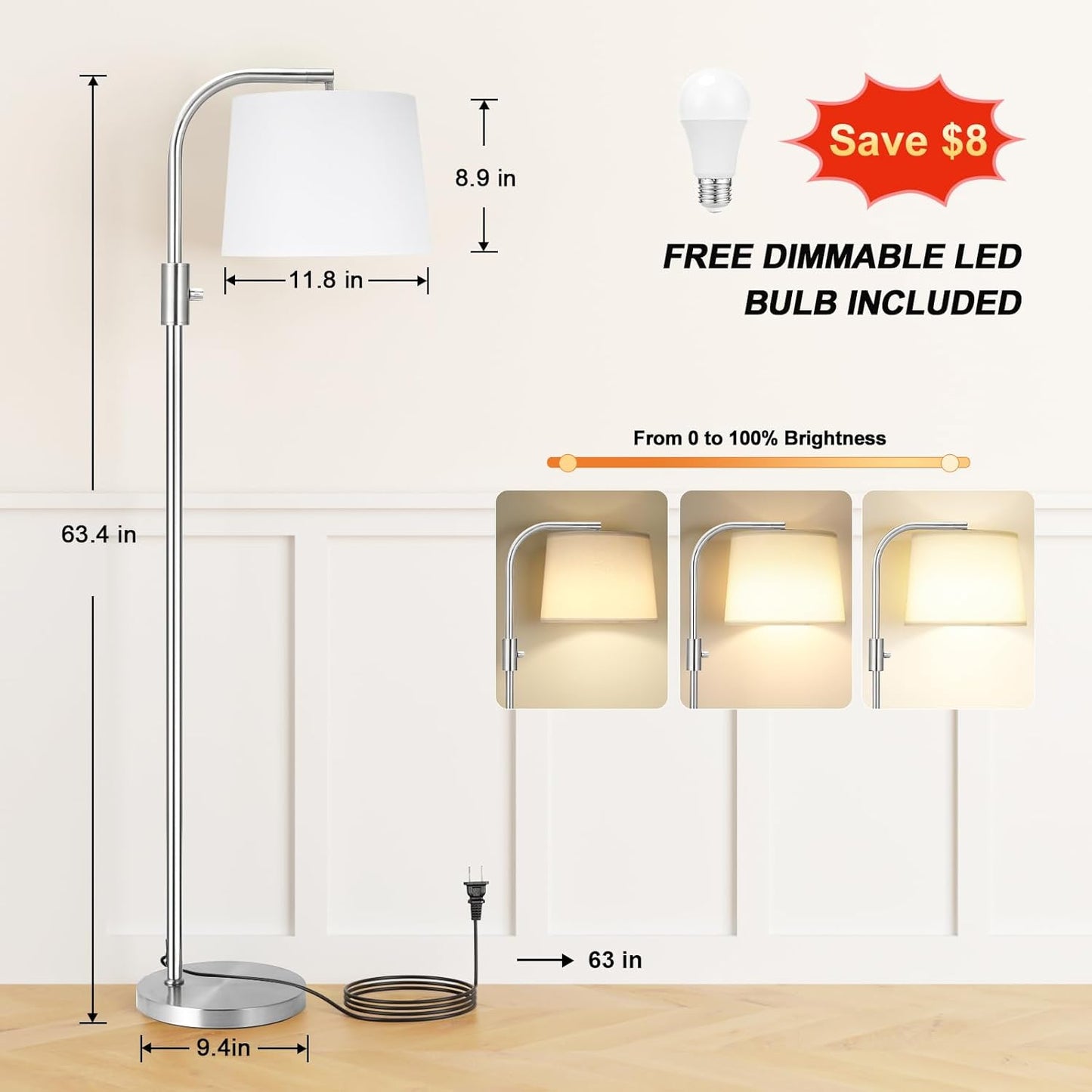 Modern Dimmable Floor Lamp with 9W LED Bulbs - Stylish Standing Light for Living Room & Bedroom (Gold & White)