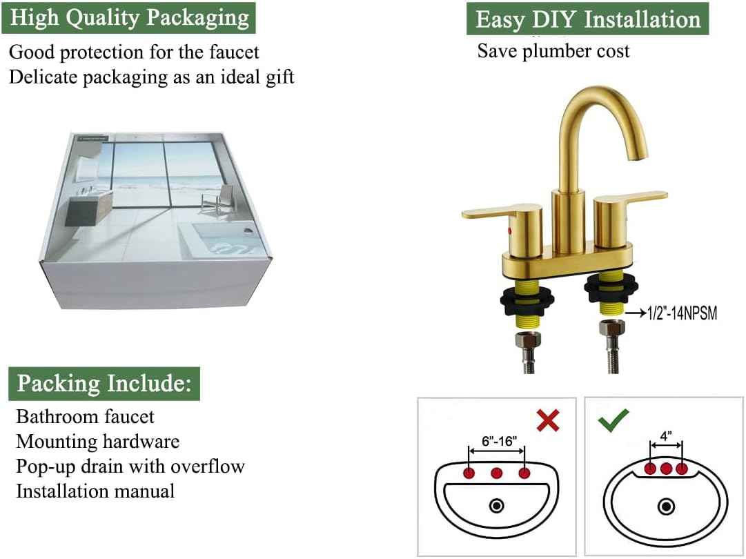 Brushed Gold Bathroom Sink Faucet - Modern 4-Inch Centerset with 360° Swivel Spout & Drain Assembly
