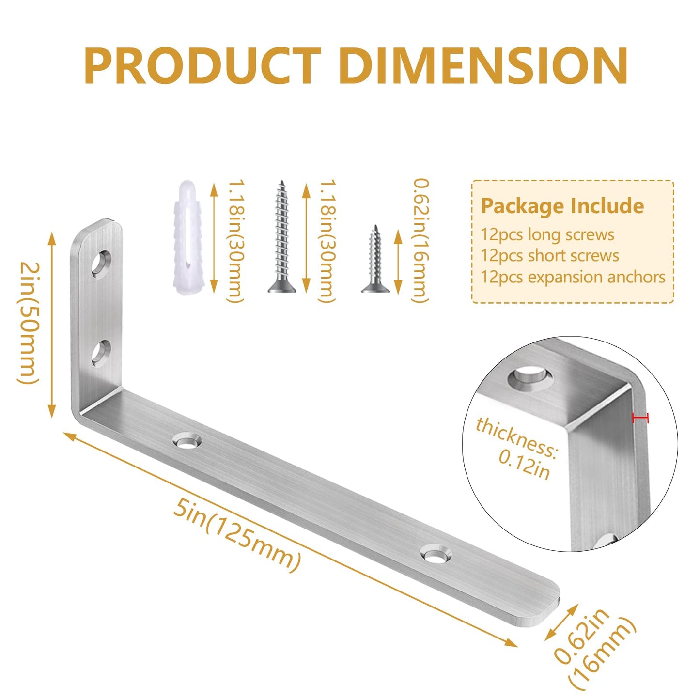 LSK L Bracket, 5"×2"(125×50mm) Heavy Duty Stainless Steel Corner Bracket for Wooden Board Max Load : 42lb, Pack of 6