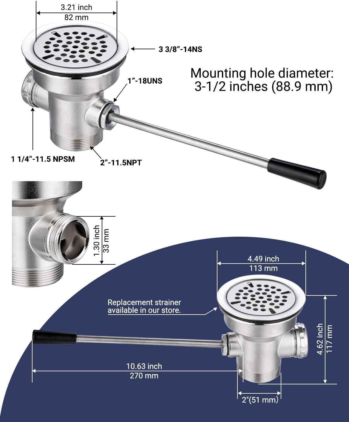3.5-Inch Commercial Sink Drain with Twist Lever Handle & Overflow Inlet – Leakproof Waste Valve for 2/3 Compartment Restaurant Sinks