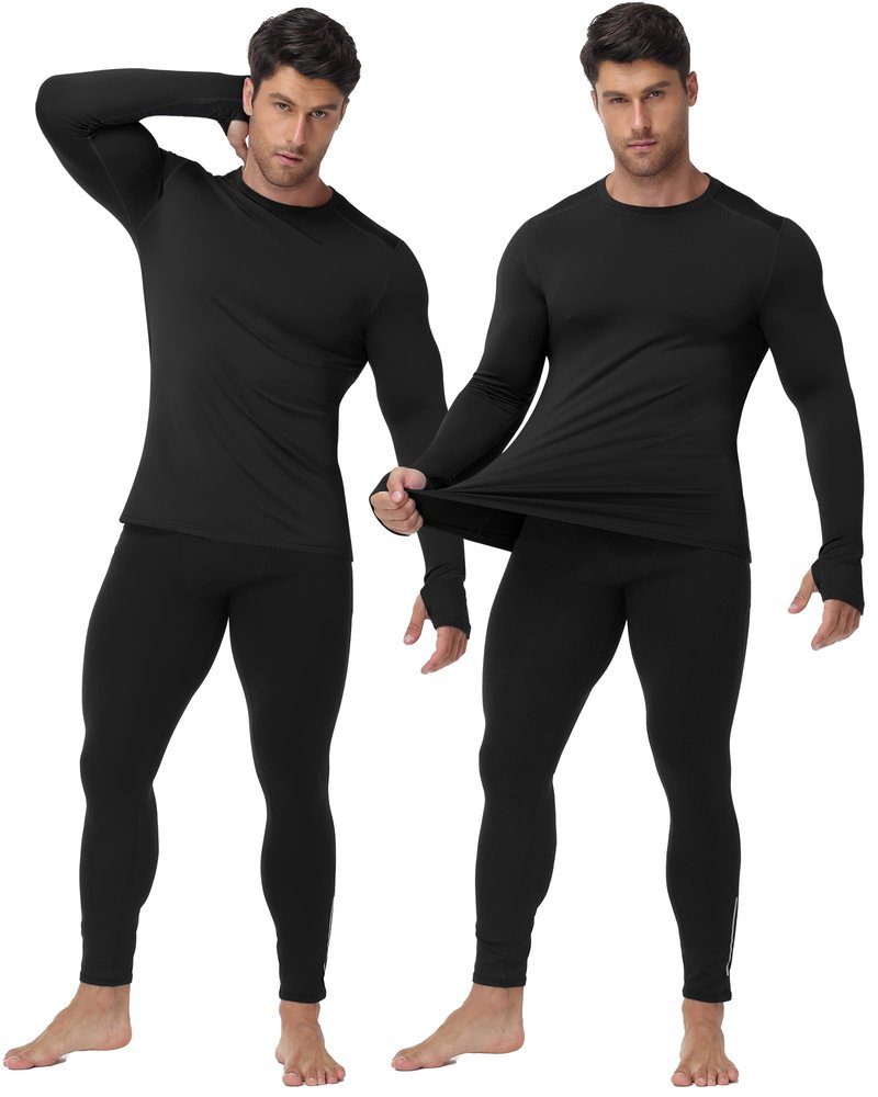 Moozava Men Thermal Compression Shirt Fleece Lined Long Sleeve Athletic Base Layer Cold Weather Gear Running Workout Top Black L