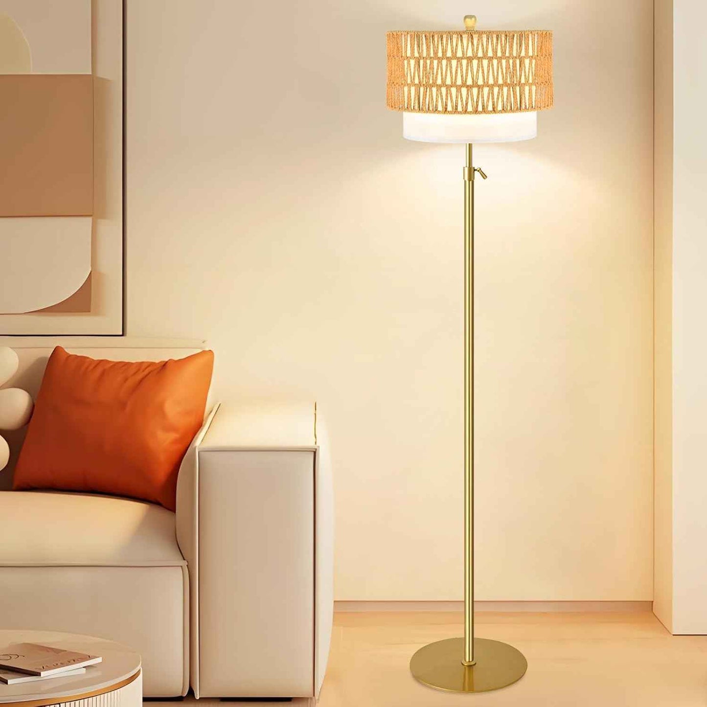 Boho Gold Floor Lamp with Remote Control | Dimmable Rattan & Wicker Design for Living Room