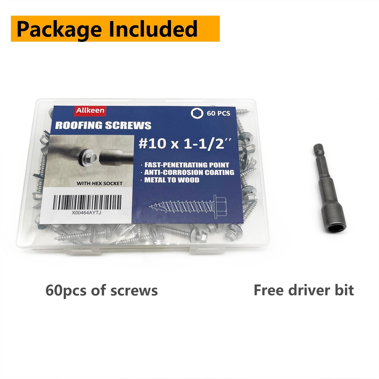 Allkeen #10 x 1-1/2" Hex Head Sheet Metal Roof Screws, Rustpert Coating Metal to Wood siding Screws, 60 Pieces