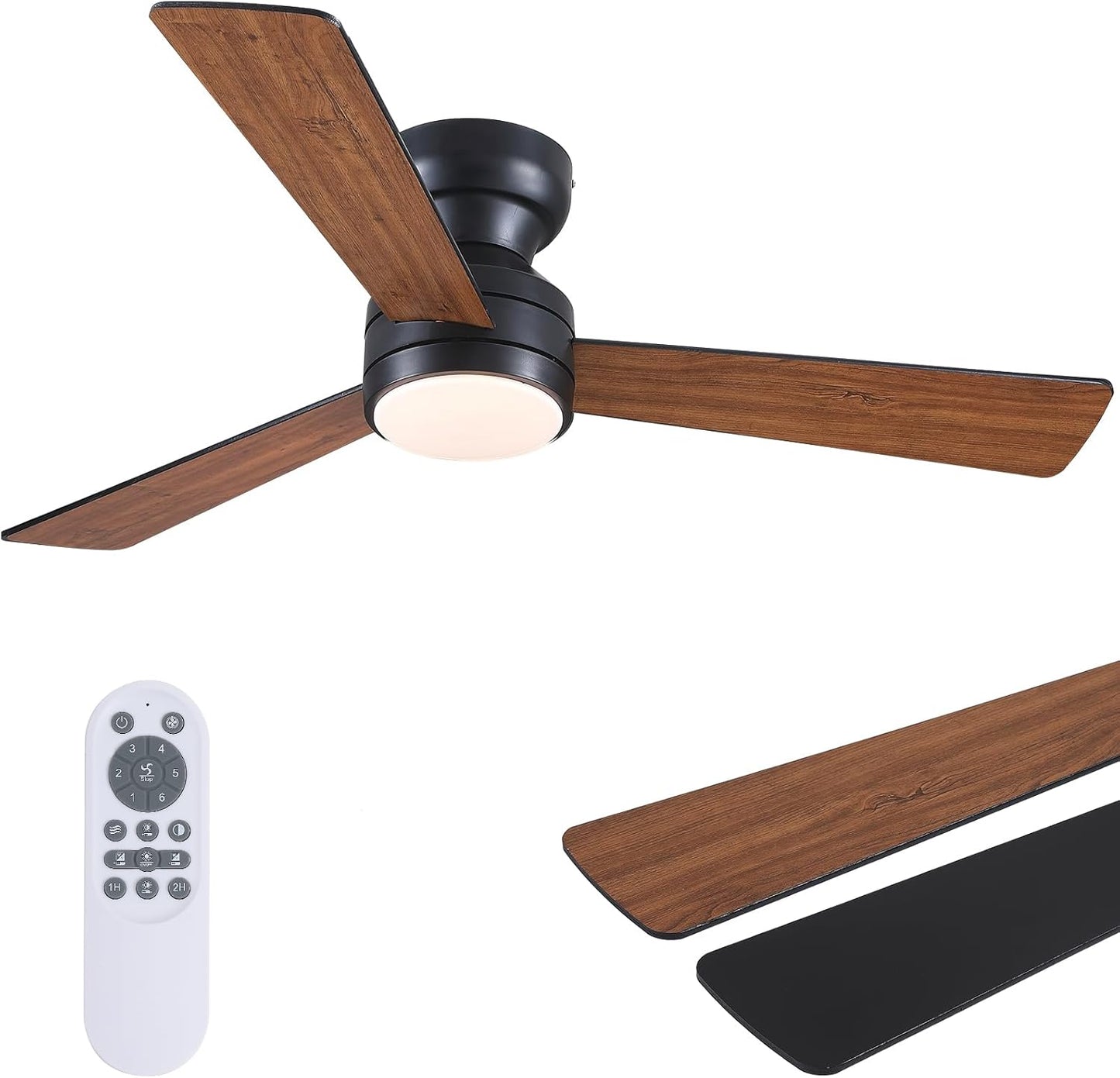 46” Black Low Profile Ceiling Fan with Lights & Remote Control - Dimmable, Noiseless, Reversible for Bedroom