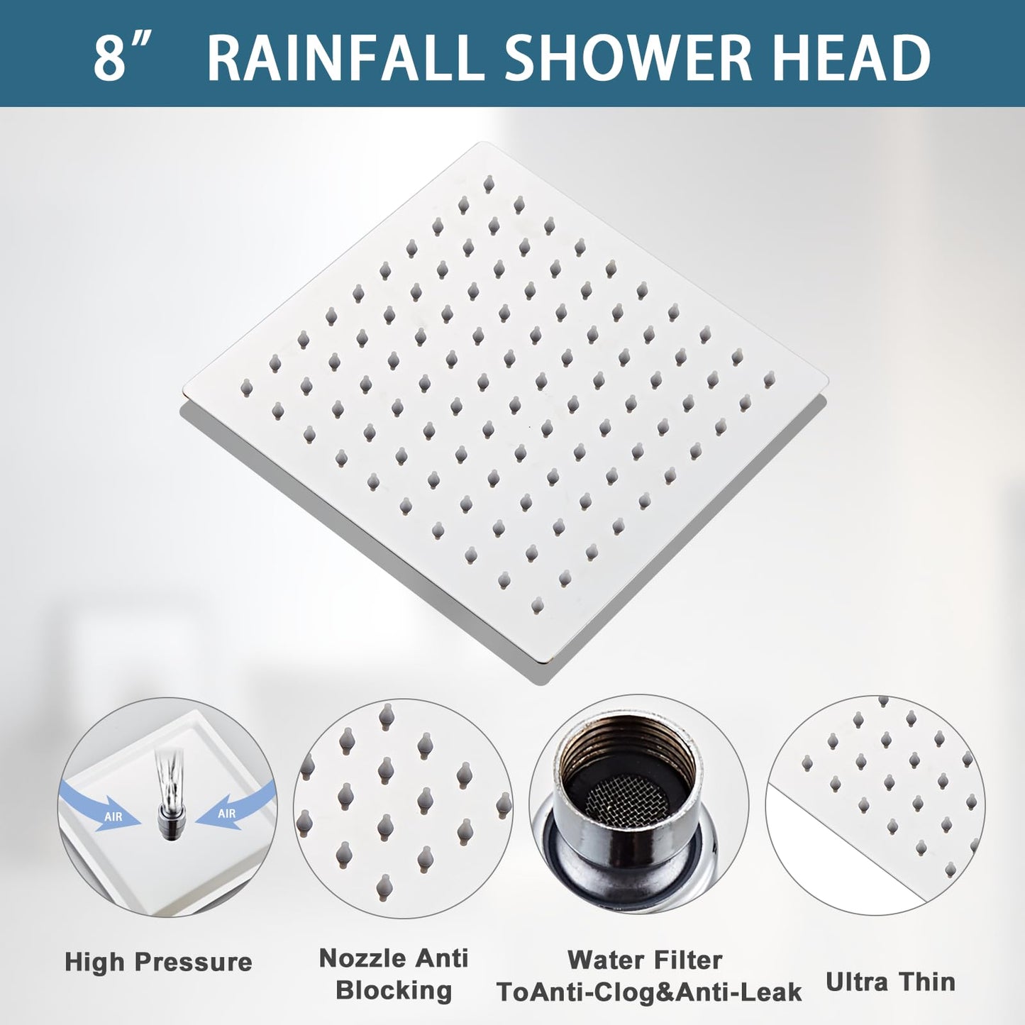RTOBWEYE 8 Inch Shower Faucet Set, Rainfall Shower System with High Pressure Handheld Shower Head, Bathroom Mixer Wall Mounted Shower Faucet Rough-in Valve and Trim Kit, Polish Chrome, with 3-Setting