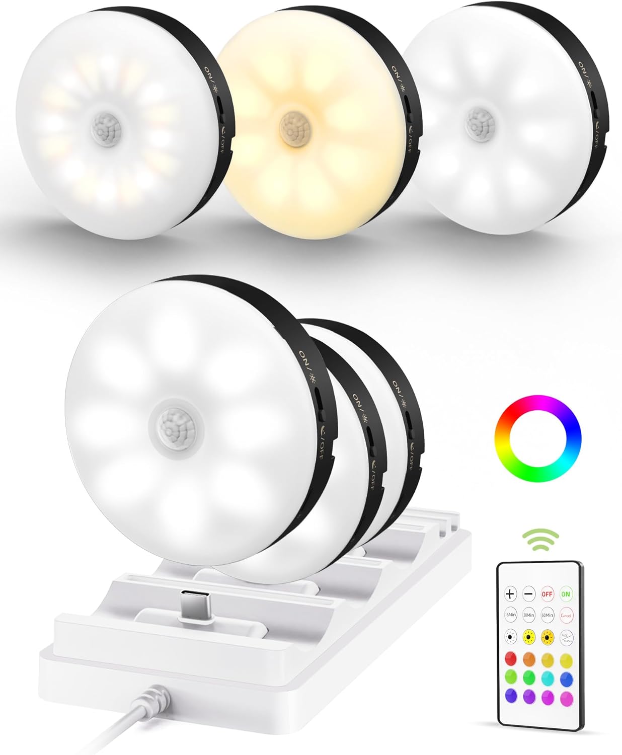 Rechargeable Under Cabinet Puck Lights with Remote - Dimmable RGB & 3 Color Temps (6 Pack)