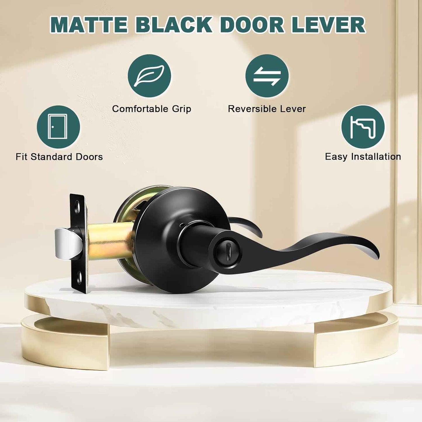 Black Privacy Door Levers - 6 Pack Keyless Modern Wave Handles for Bedrooms