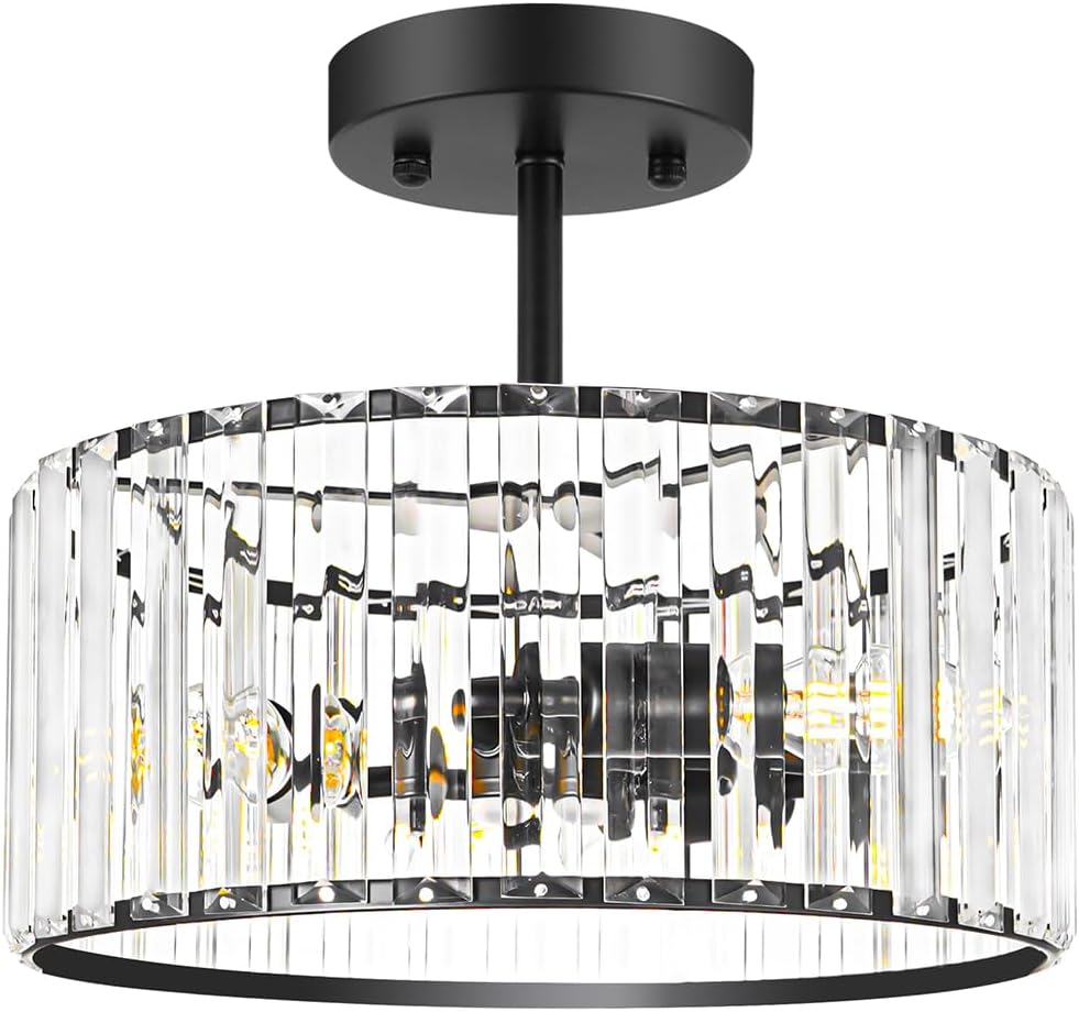Modern Gold Crystal Ceiling Light Fixture - 11-Inch Semi Flush Mount Chandelier for Kitchen & Entryway