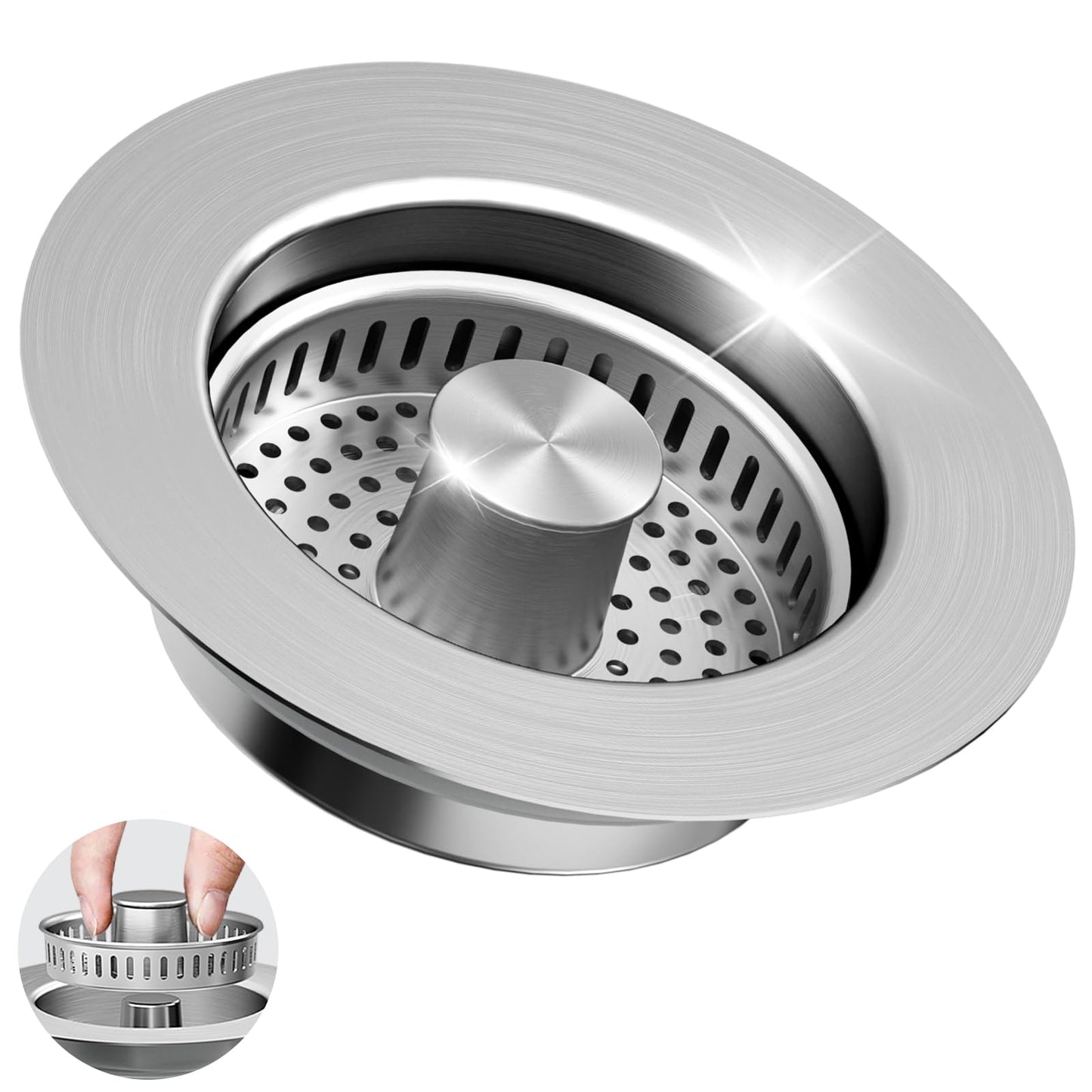 3 in 1 Kitchen Sink Drain Strainer & Sink Stopper, 304 Stainless Steel Pop Up Sink Drain Stopper with Anti-Clogging Basket for US Standard (Silver)