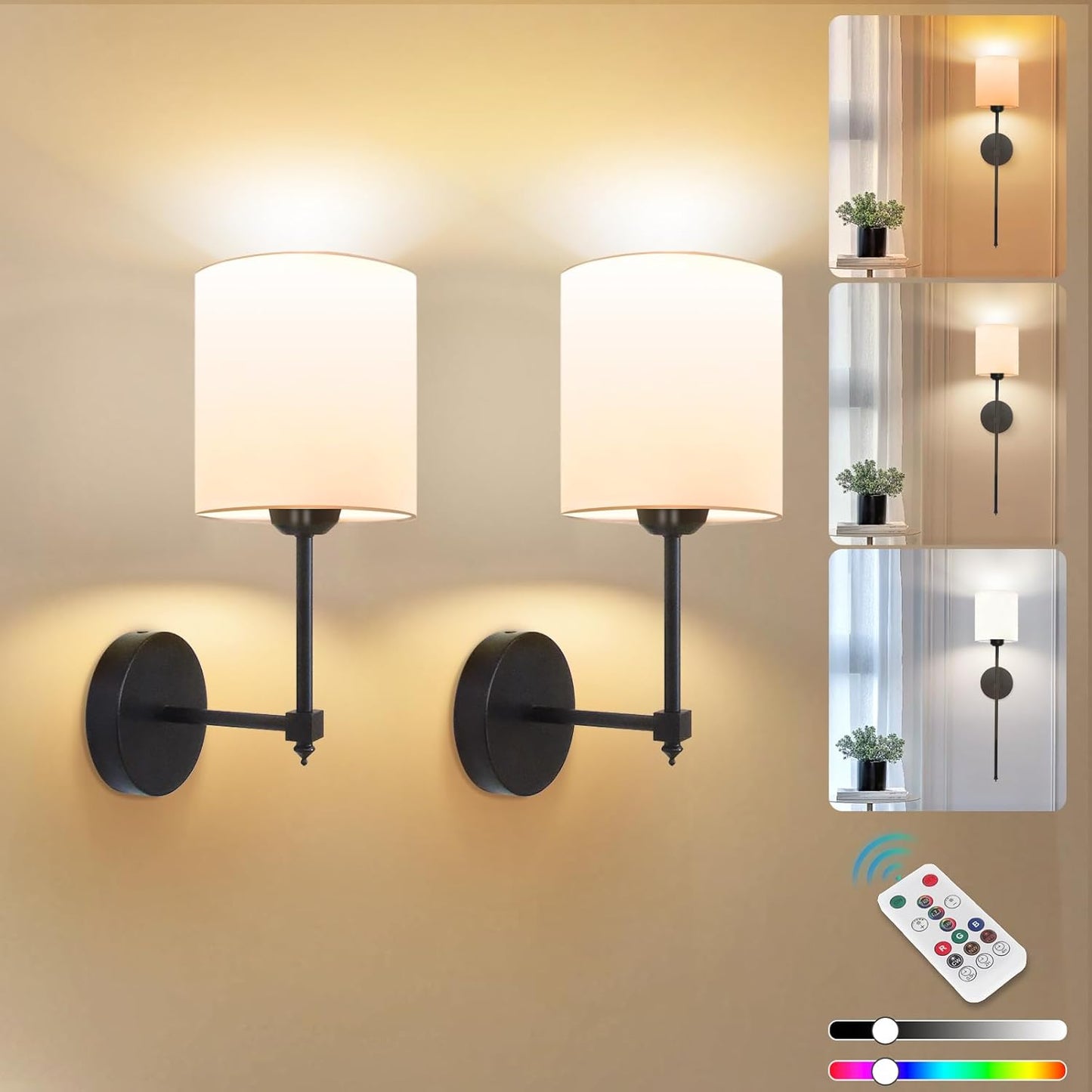 Rechargeable Black Wall Sconce Set of 2 - 5CCT Wireless Dimmable Lights with Remote for Bedroom & Living Room