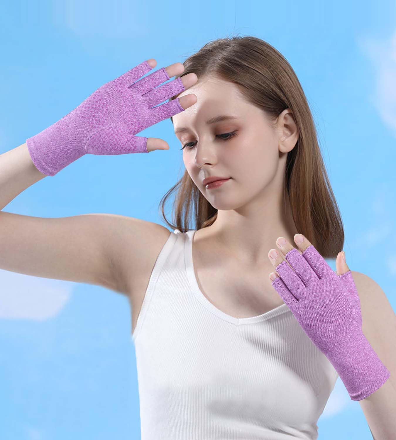 Kecartu 2 Pairs Compression Gloves for Rheumatoid Arthritis, Osteoarthritis, Carpal Tunnel Pain, Fingerless Arthritis Hand Gloves for Women Men Support Work&Computer Typing (Pink+Purple, Medium)