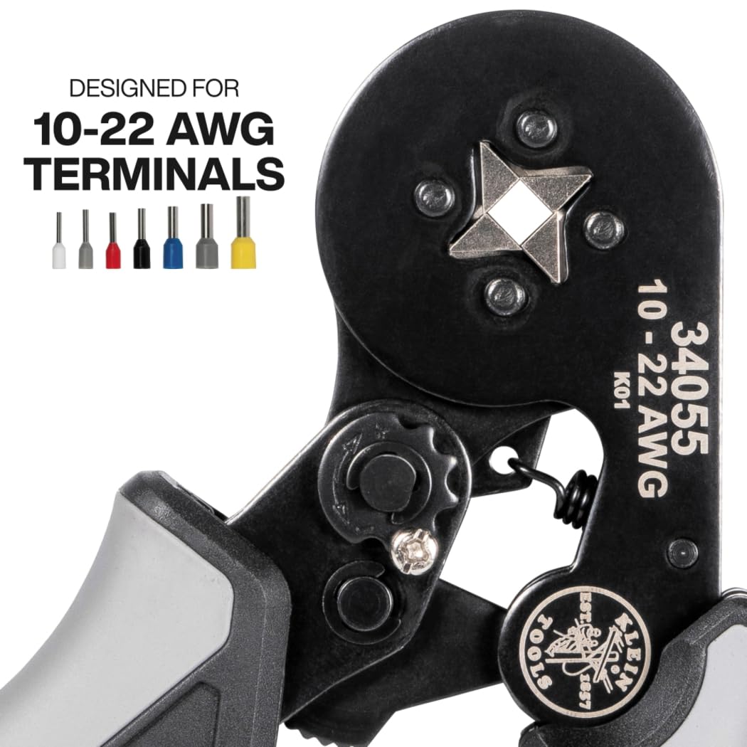Klein Tools 34055 Ferrule Crimping Tool, Square Crimper Pliers for 10 to 22 AWG Wire Terminals, Built-In Adjustable Ratchet, for Electrical Work