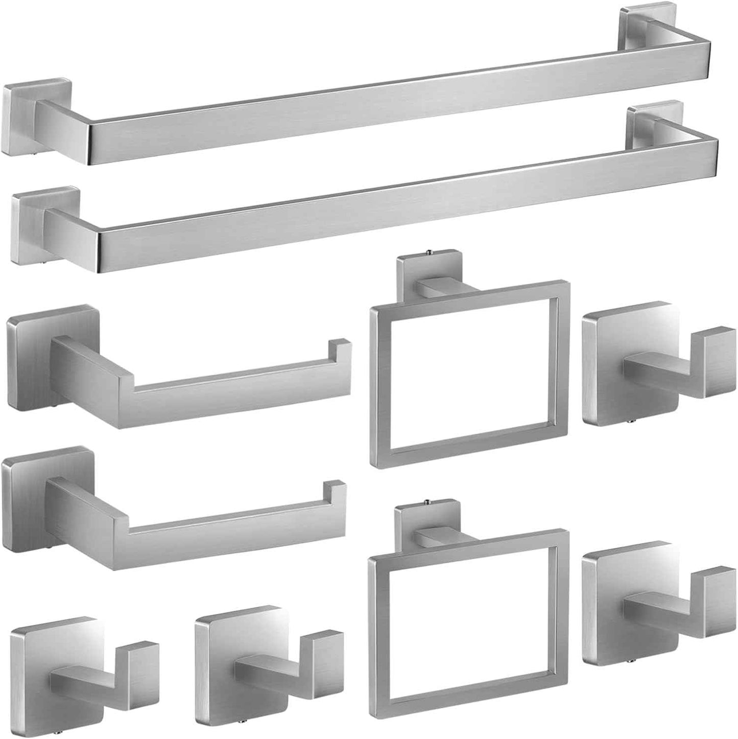 Brushed Nickel Bathroom Hardware Set - 10-Piece Towel Bar, Ring, Hook & Holder Kit