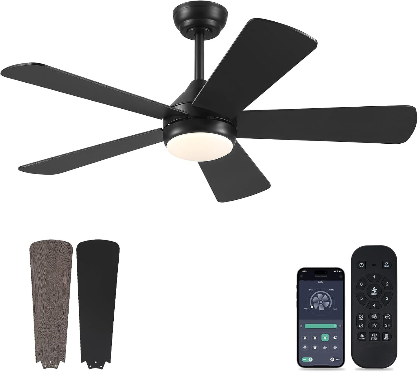46” Black Low Profile Ceiling Fan with Lights & Remote Control - Dimmable, Noiseless, Reversible for Bedroom