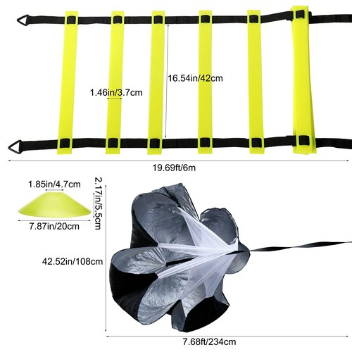 Amarine Made Speed Agility Training Set Agility Ladder (19.96ft) Including Resistance Parachute,Steel Stakes,Adjustable Hurdles,Disc Cones and a Storage Bag for Training Soccer Hockey Basketball