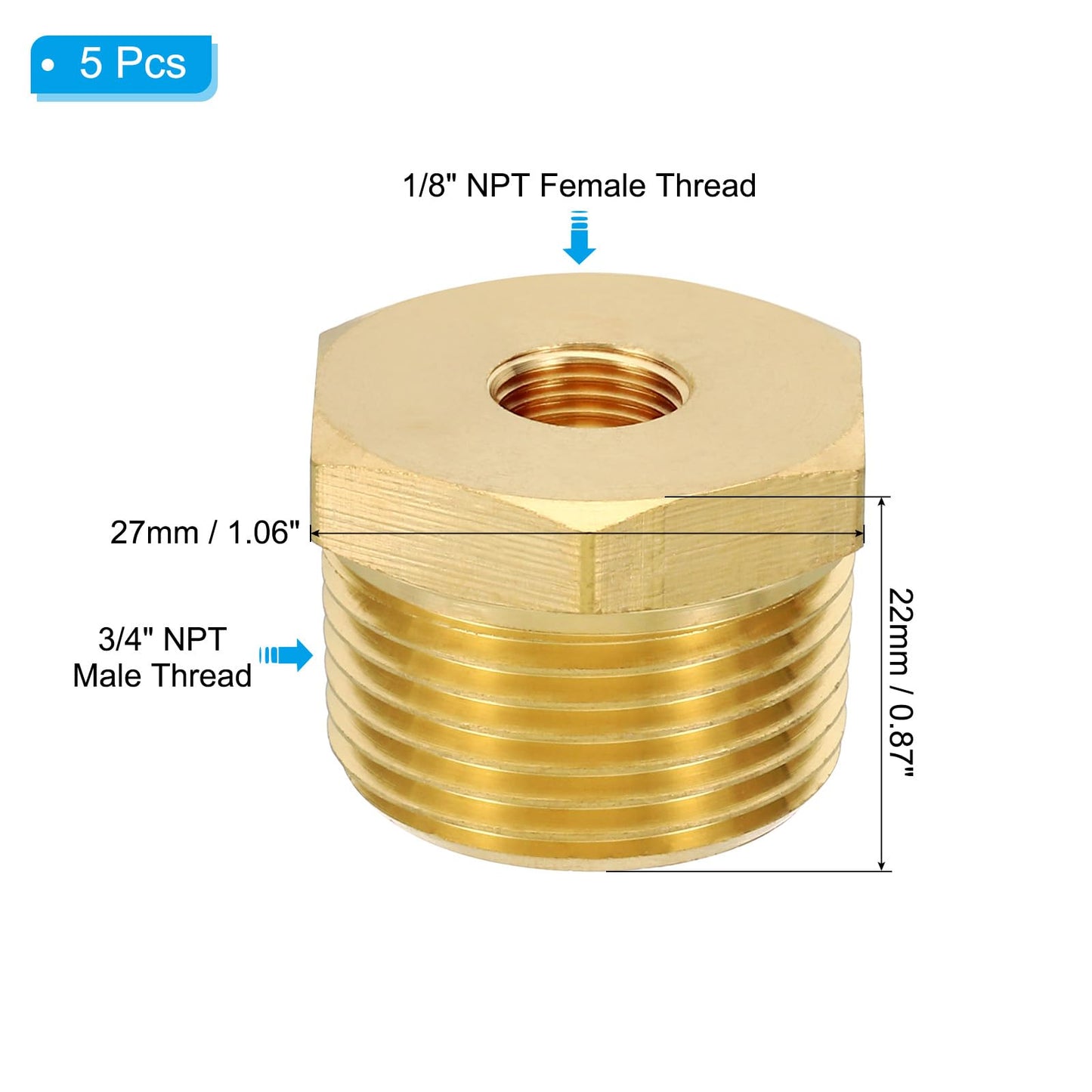 PATIKIL Brass Hex Bushing, 2Pcs 1/8" NPT Female x 3/4" NPT Male Thread Brass Pipe Fittings Reducer Tubing Adapter Connector Hose Reducing for Water, Air, Oil, Gas Line