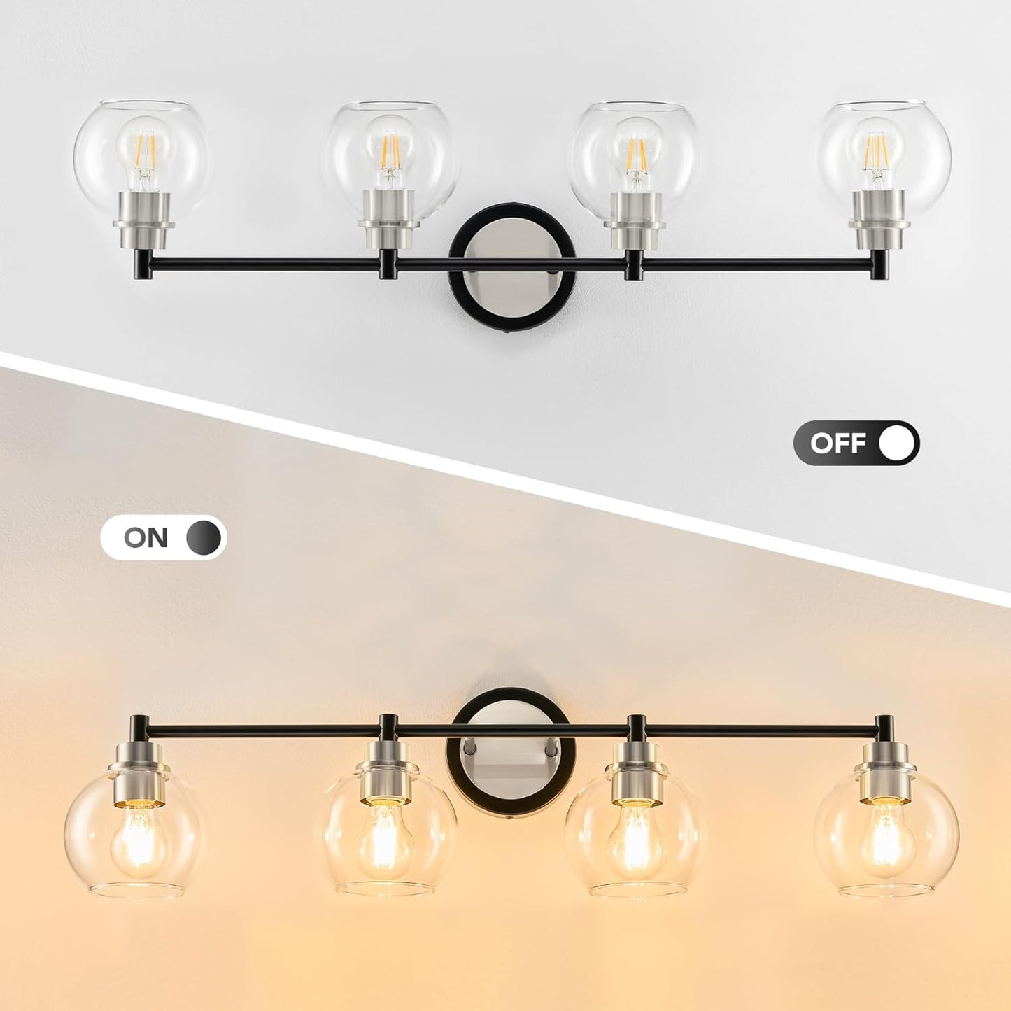 3-Light Vanity Bathroom Light Fixture with Globe Glass Shades - Brushed Nickel, ETL Certified