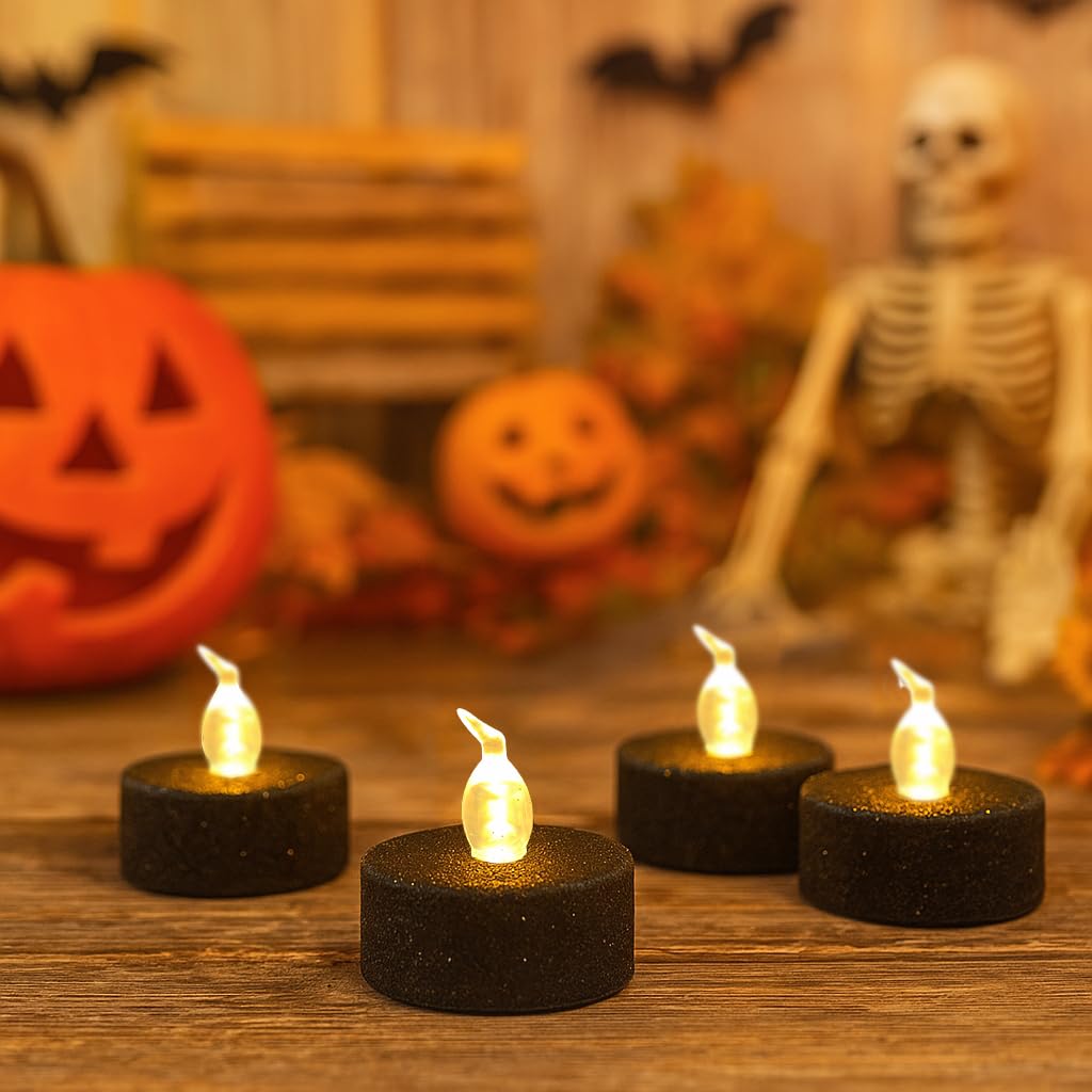 Aulaygo 12PCS Glitter Black Tea Lights with Timer,Sparkly Tealights Candles Battery Operated for Gothic Wedding Home Decoration Halloween Party