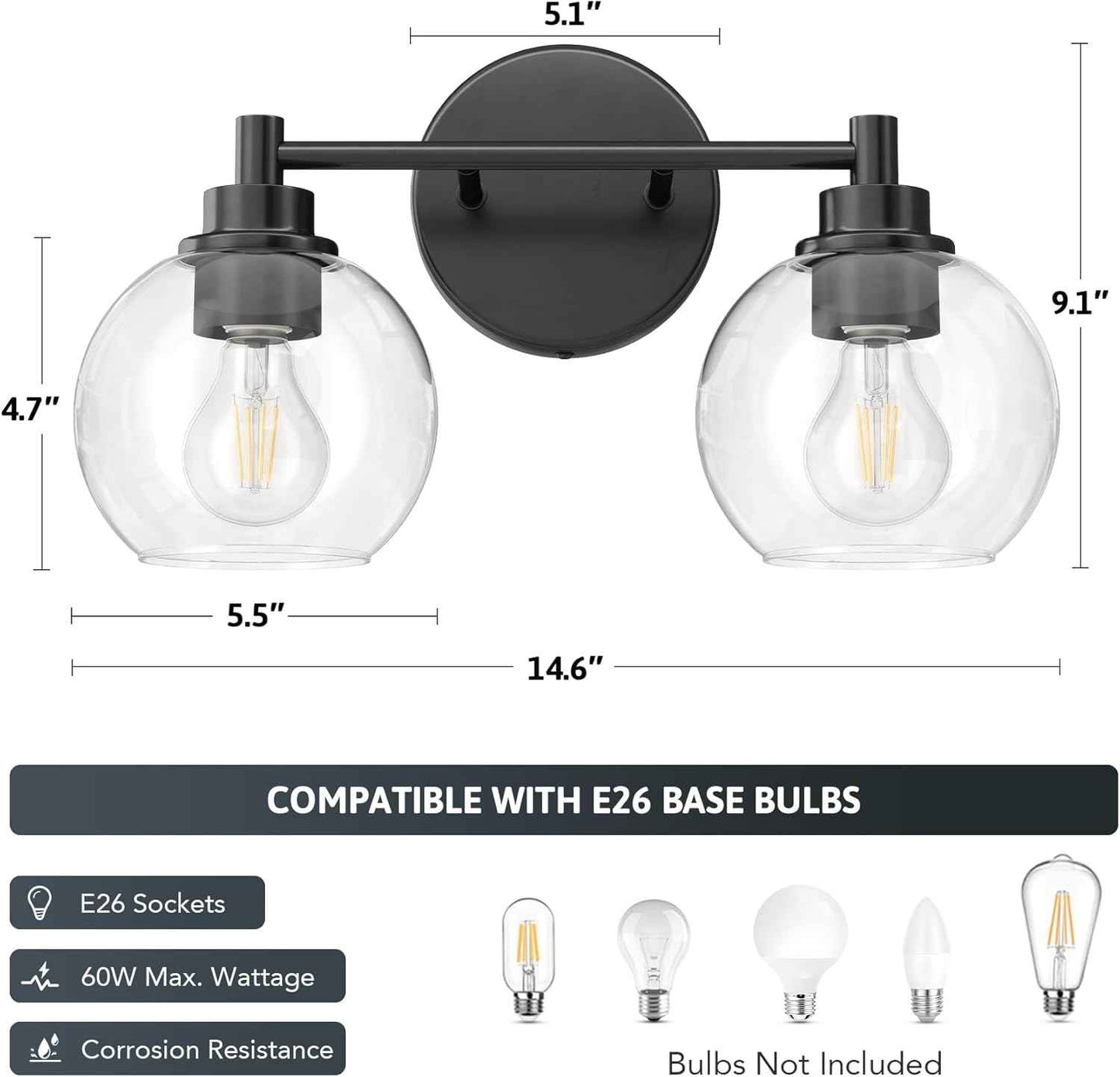 3-Light Vanity Bathroom Light Fixture with Globe Glass Shades - Brushed Nickel, ETL Certified