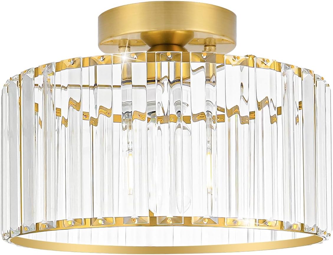 Modern Gold Crystal Ceiling Light Fixture - 11-Inch Semi Flush Mount Chandelier for Kitchen & Entryway