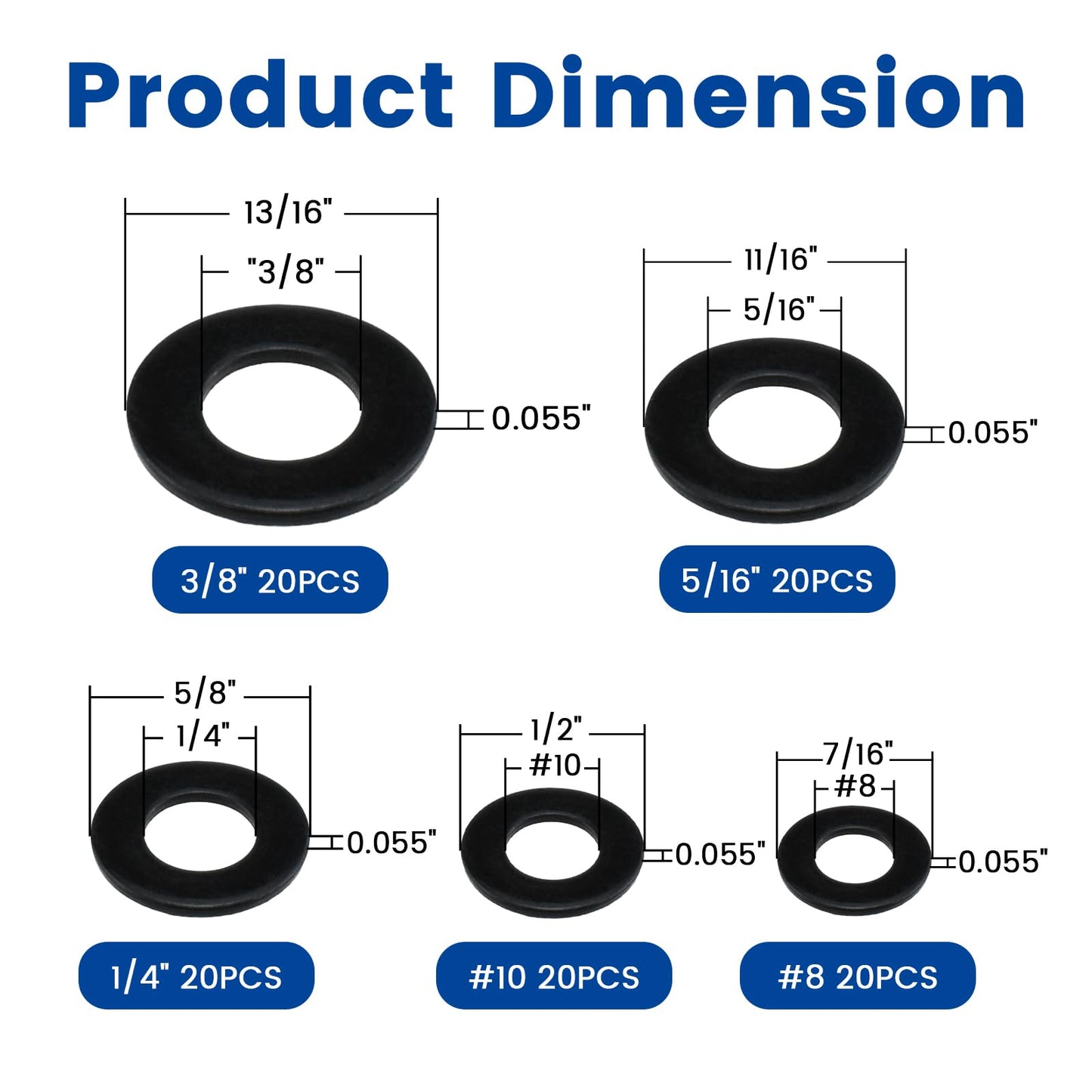 ZIUZI 100 Pcs 5 Sizes Washers Assortment Kit, Black 304 Stainless Flat Washers for Screws and Bolts, Metal Washers Kit for Home and Industrial Use (#8#10 1/4 5/16 3/8)
