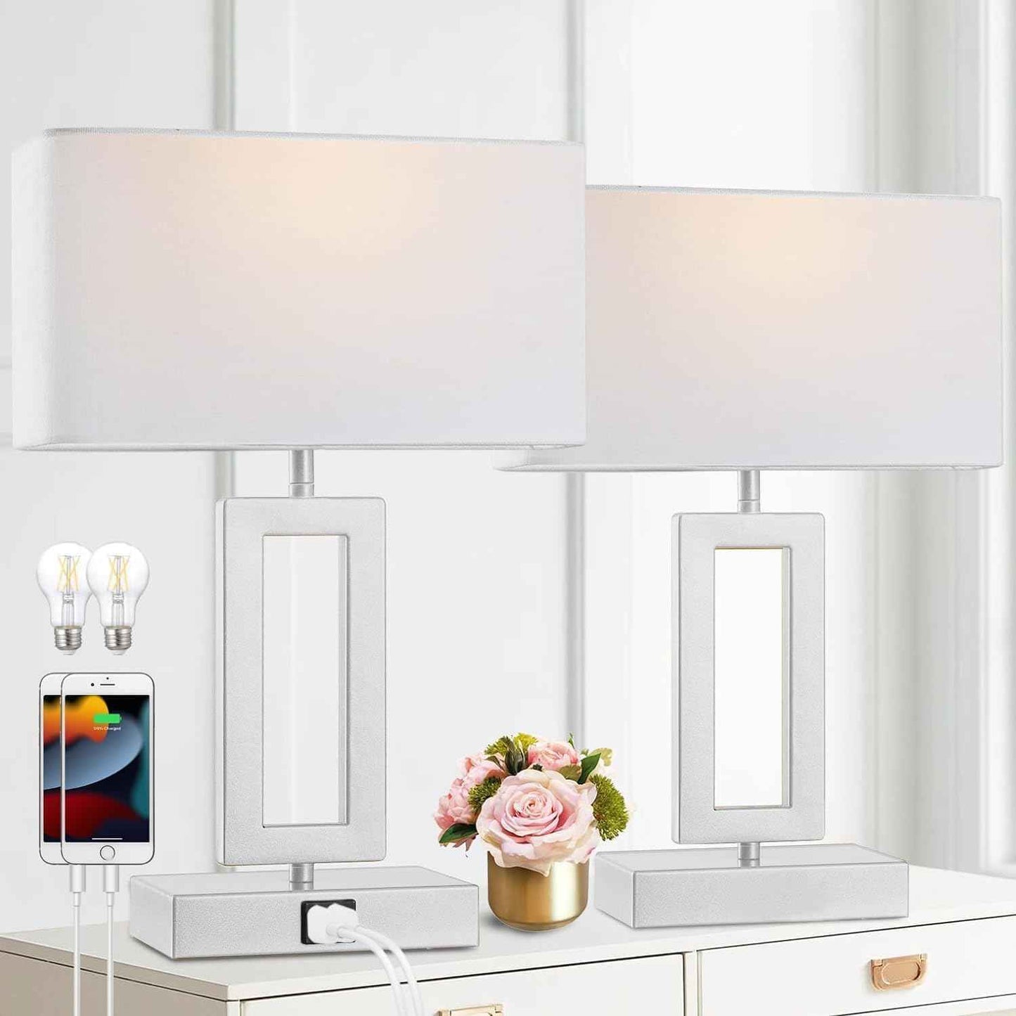 Gold Table Lamps Set of 2 - 3-Way Dimmable Touch Control with USB Ports, 22” Modern Design for Bedroom & Living Room