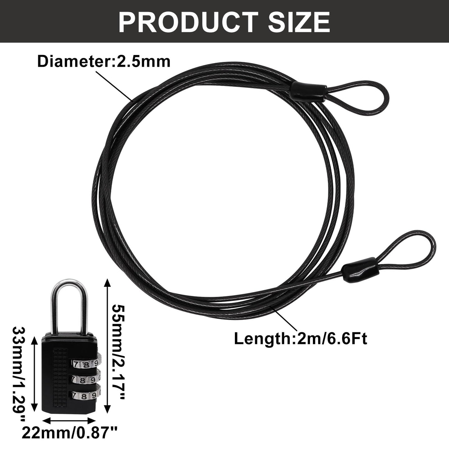 S SYDIEN Cable Lock Double Loops 6.6Ft Long Black Security Cable with Lock, Bike Locks Cables 2.5mm Braided Steel Coated Safety Cables Wire for Luggage, Outdoor, Clothesline (2 Pack)