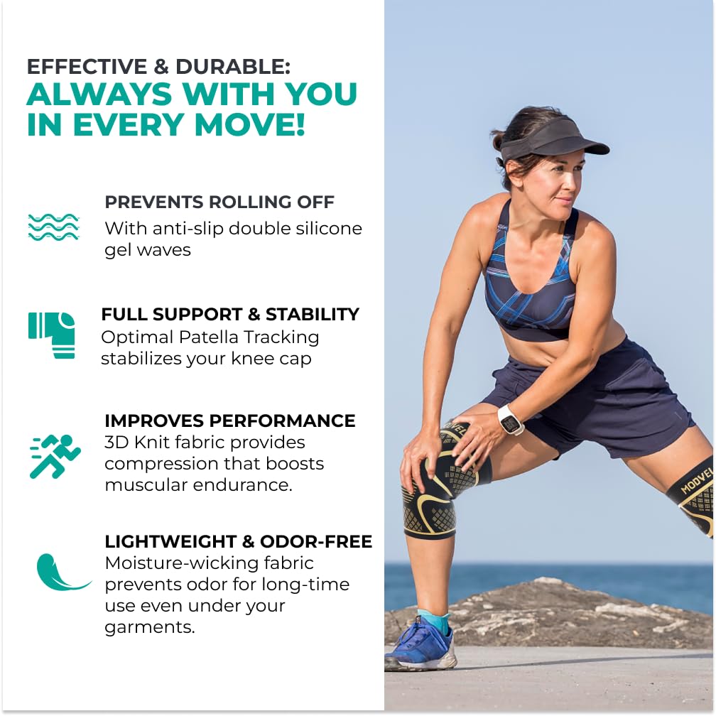 Modvel Knee Braces for Women & Men – 2 Pack Knee Support Set, Knee Compression Sleeve, Support for Meniscus Tear, ACL & Arthritis Relief,Copper M