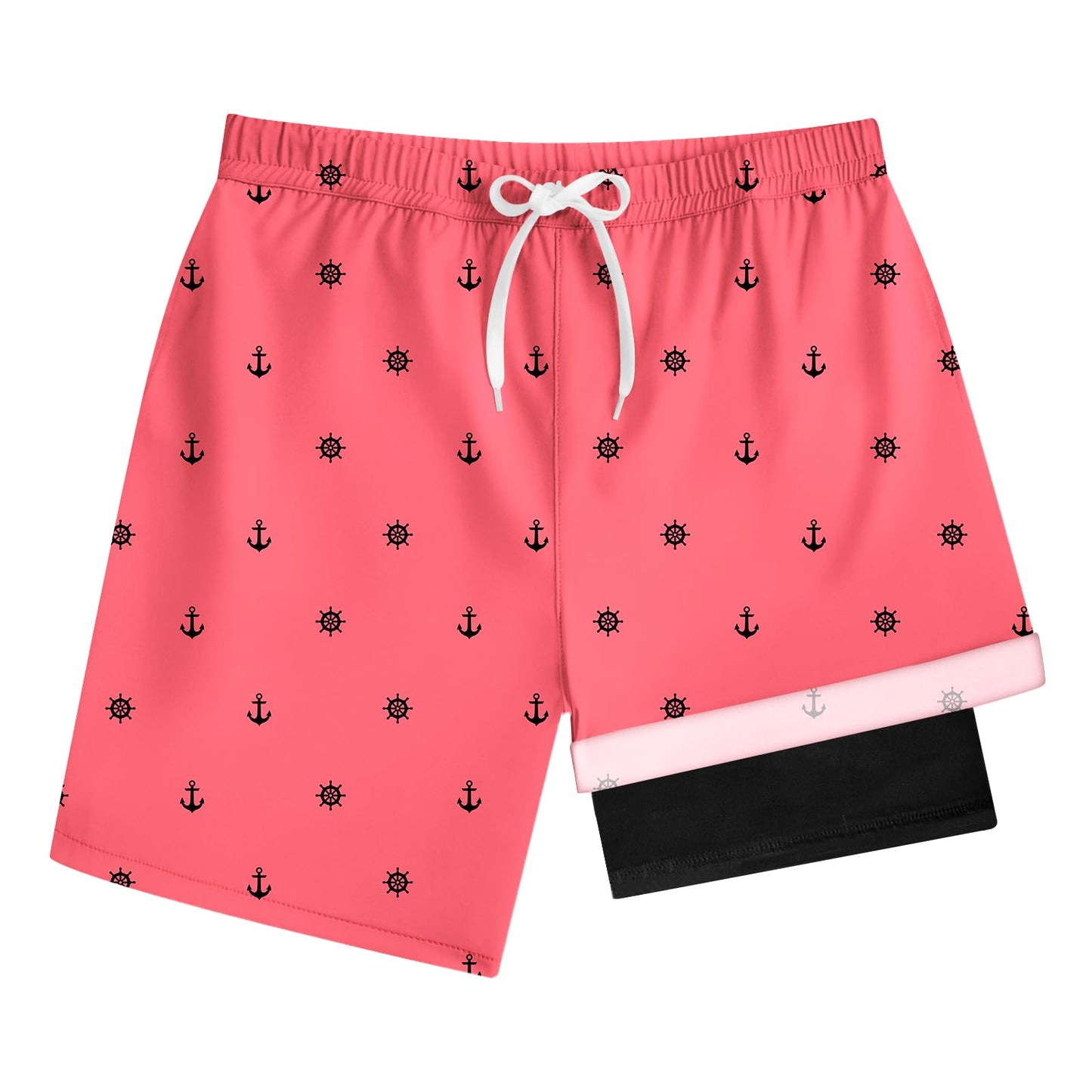 HOOGRIN Youth Boy Bathing Suit with Compression Liner Trunks Teen Boy Swim Trunks Swimming Shorts,Pink Anchor,8 Years