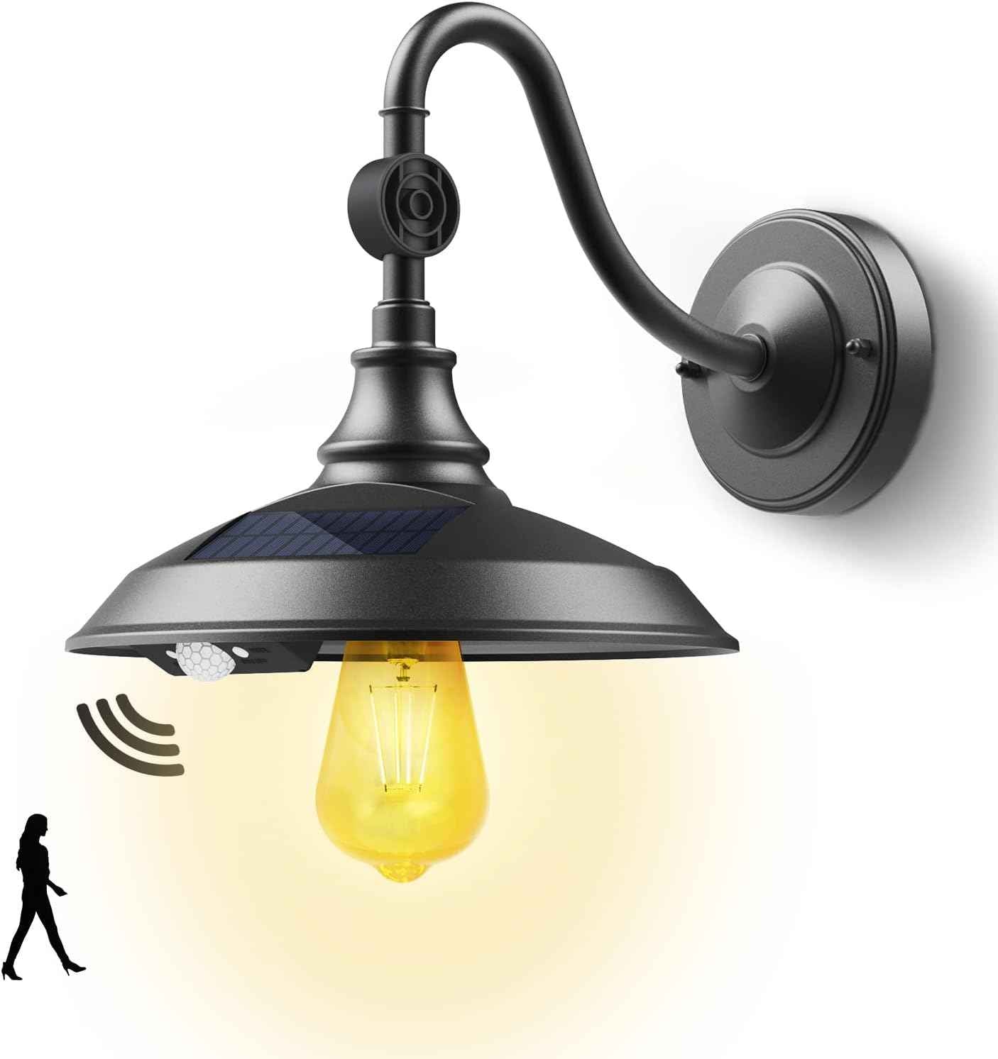 Solar Barn Light Outdoor - 3 Modes Vintage Gooseneck Waterproof Motion Sensor (2 Pack)