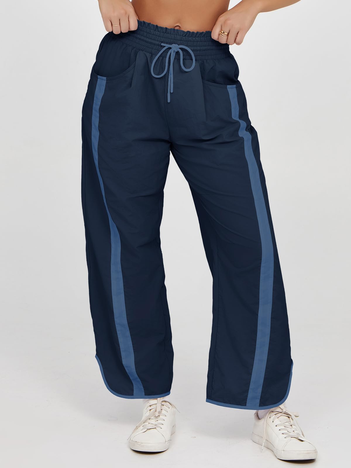 Fisoew Women's Baggy Wide Leg Pants Casual Drawstring Elastic Waisted Contrast Color Workout Y2K Track Pants Navy